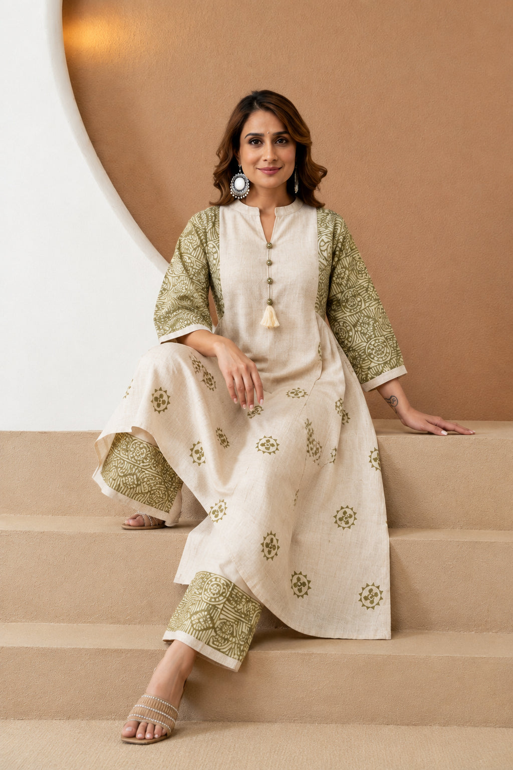 Pista Green Cotton Flex Aline Kurti Pant Set