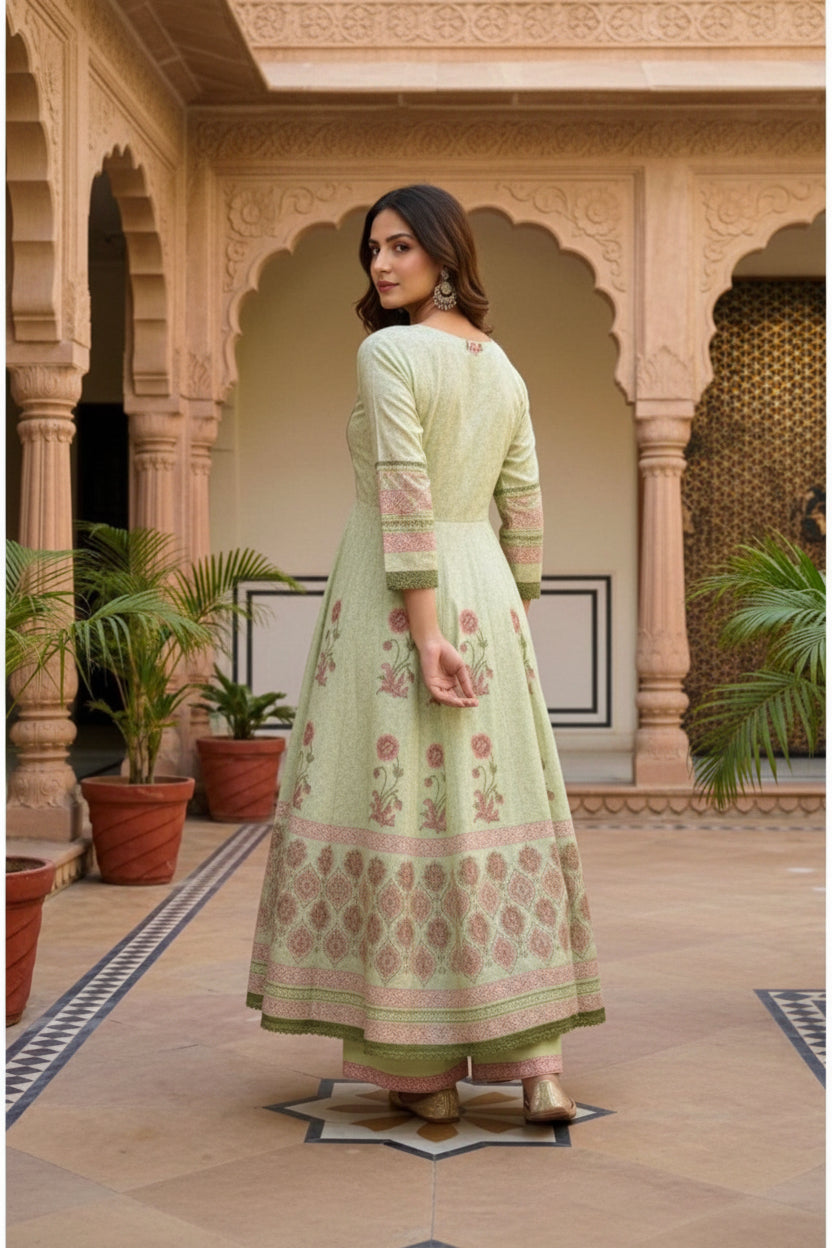 Pure Mul Cotton Green Anarkali Suit Set
