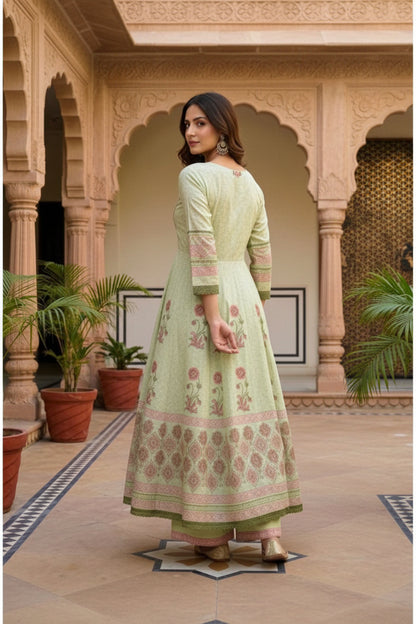 Pure Mul Cotton Green Anarkali Suit Set