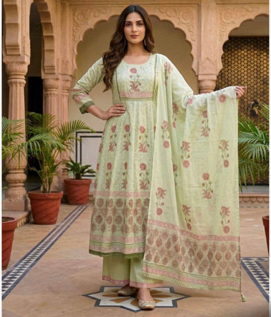 Pure Mul Cotton Green Anarkali Suit Set