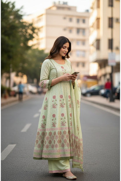 Pure Mul Cotton Green Anarkali Suit Set