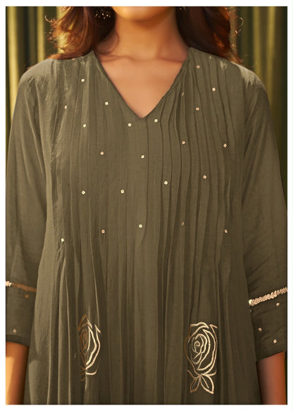 Pure Mul Chanderi Olive Green Suit  Set