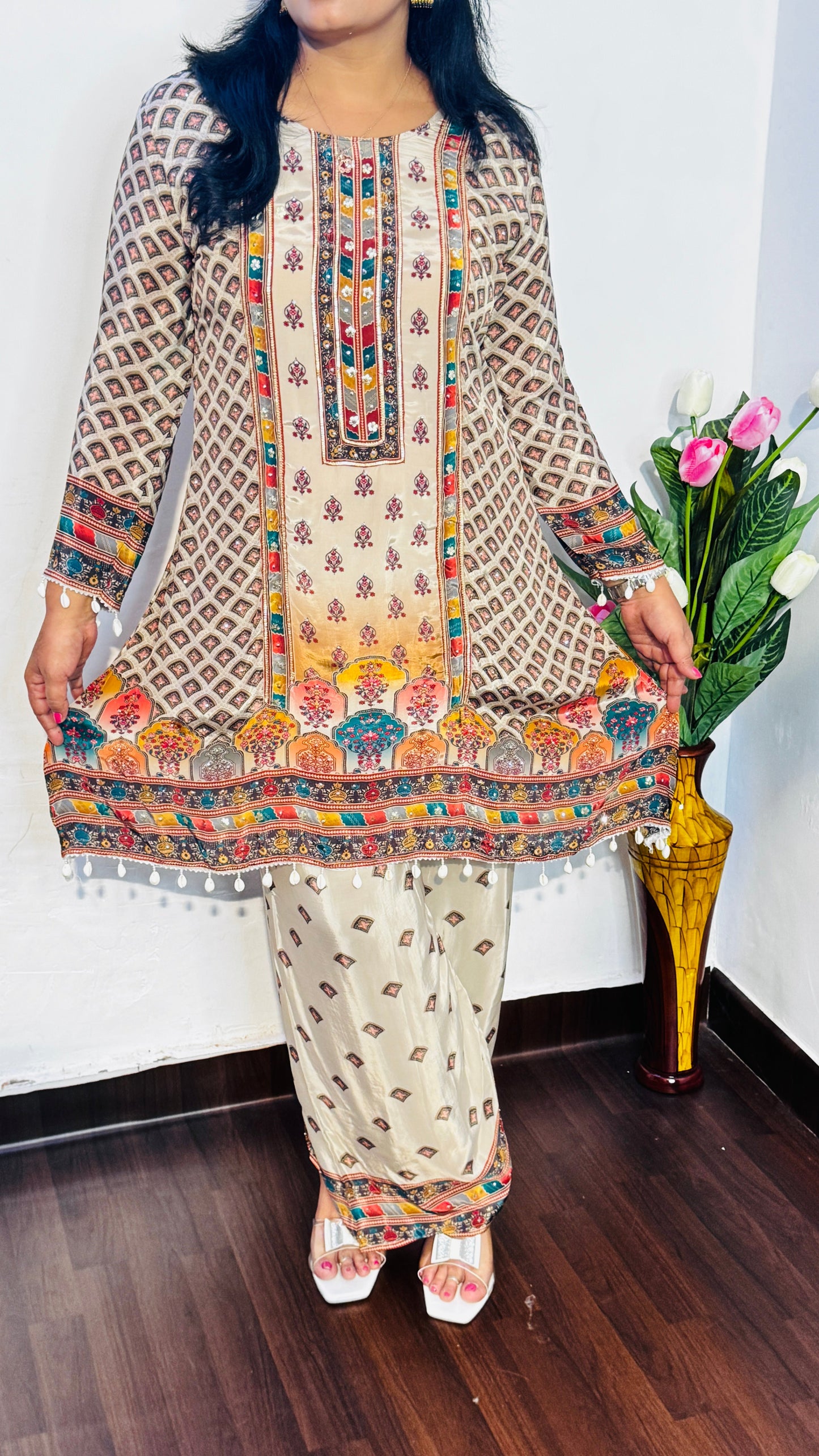 BEIGE PURE CRAPE EMBROIDERED PLAZZO SET WITH DUPATTA