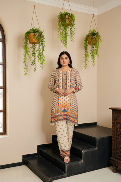 Beige Pure Crepe Embroidered Palazzo Set