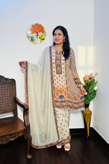 Beige Pure Crepe Embroidered Palazzo Set