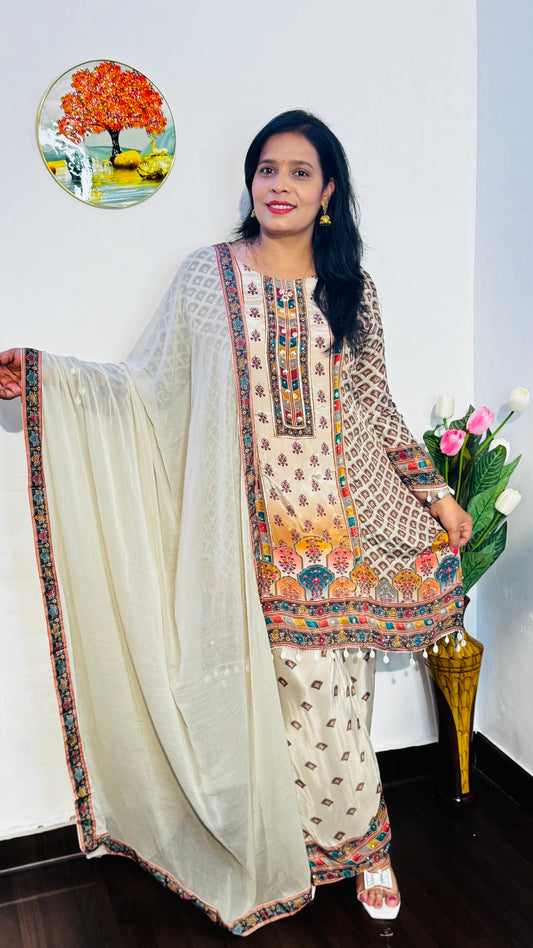 BEIGE PURE CRAPE EMBROIDERED PLAZZO SET WITH DUPATTA