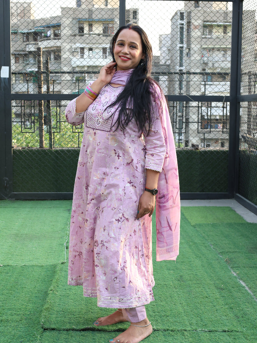 Blush Pink Anarkali Suit Set | Mul Cotton with Silk Cotton Bottom & Dupatta