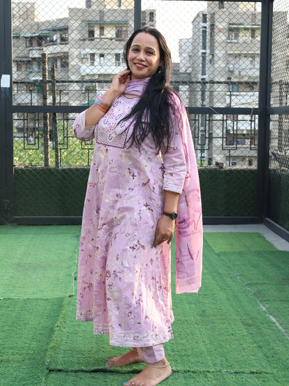 Blush Pink Anarkali Suit Set | Mul Cotton with Silk Cotton Bottom & Dupatta