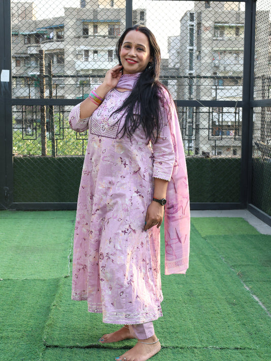 Blush Pink Anarkali Suit Set | Mul Cotton with Silk Cotton Bottom & Dupatta