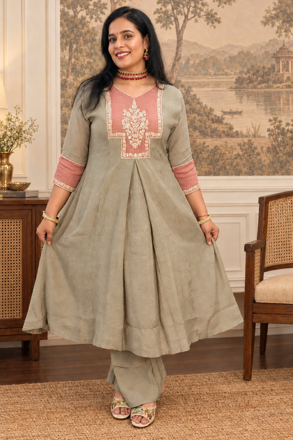Women's Mul Chanderi Kurta Set with Embroidery & Contrast Dupatta - Taupe & Pink