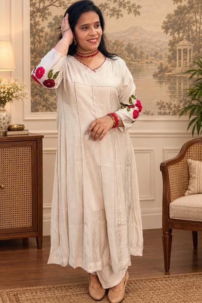 Off-White Mul Chanderi Embroidered Anarkali Set with Pants