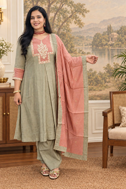Blush Pink  & Beige Mul Chanderi Anarkali Suit Set