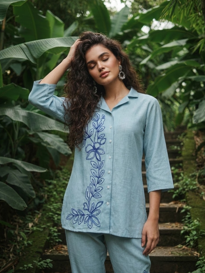 WOMEN’S COTTON CO-ORD SET WITH FLORAL EMBROIDERY | SUMMER OFFICE WEAR