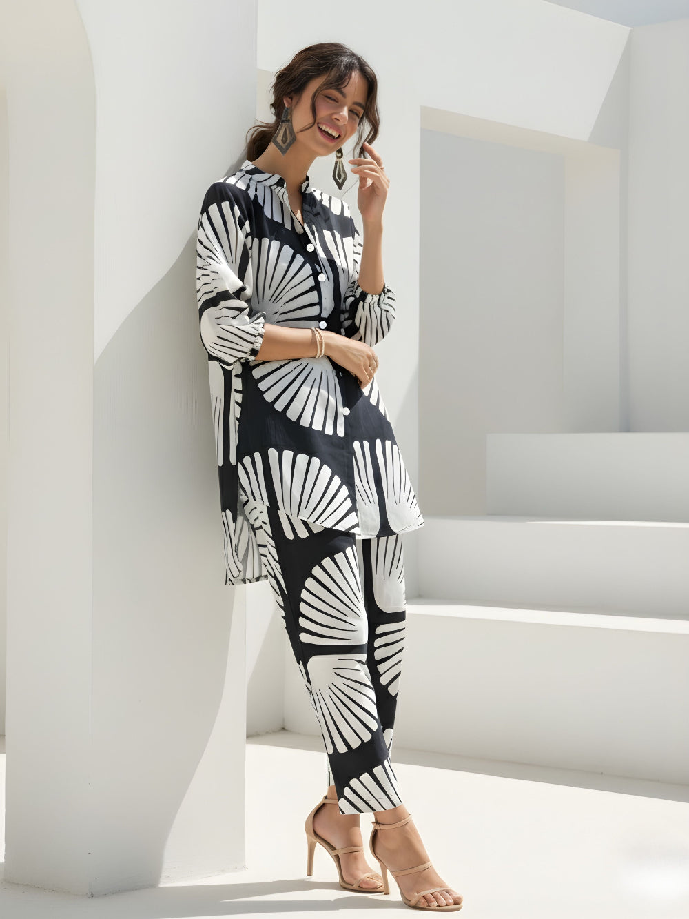 BLACK & WHITE PRINTED COTTON CO-ORD SET FOR WOMEN I BHAVIAURA