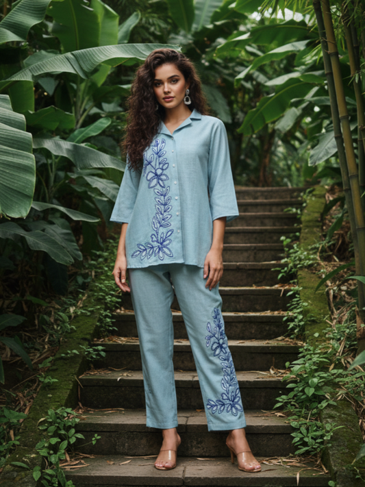 WOMEN’S COTTON CO-ORD SET WITH FLORAL EMBROIDERY | SUMMER OFFICE WEAR