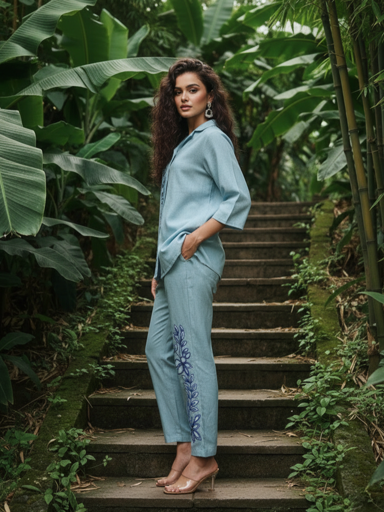 WOMEN’S COTTON CO-ORD SET WITH FLORAL EMBROIDERY | SUMMER OFFICE WEAR