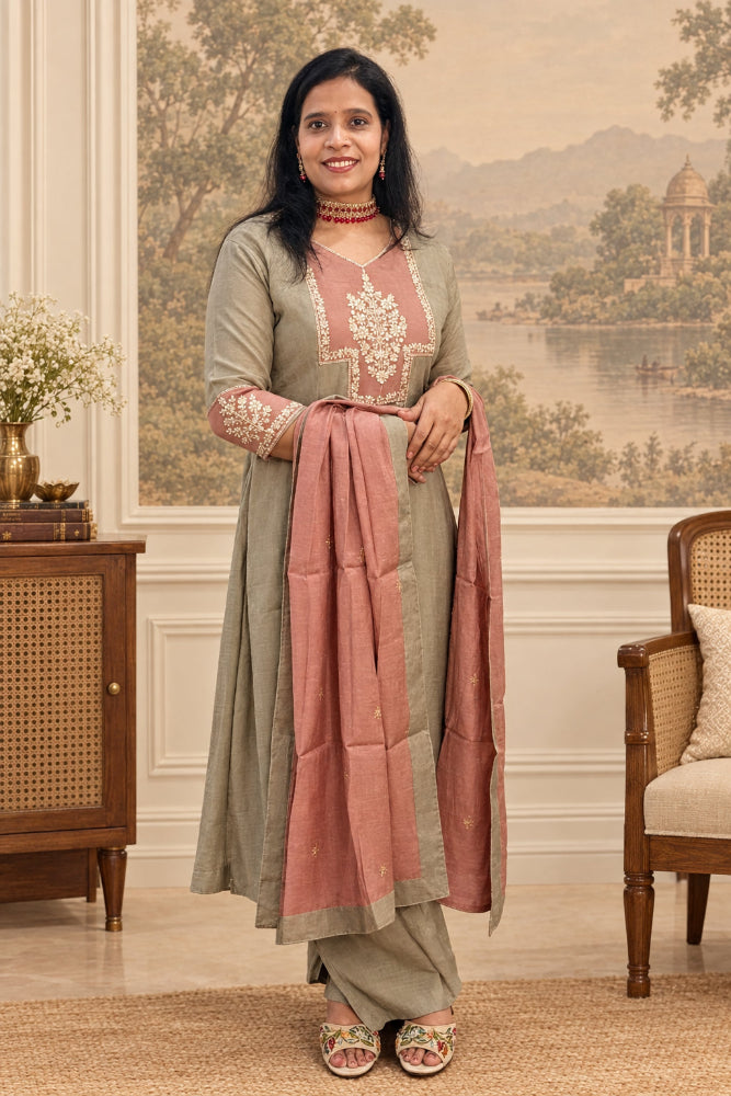 Classy Grey & Dusty Rose Embroidered Kurta Set with Dupatta 