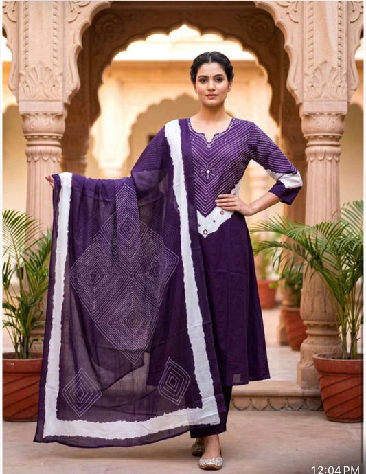 Purple Bandhej Mul Cotton Suit Set | 3-Piece Ethnic Wear I Bhaviaura