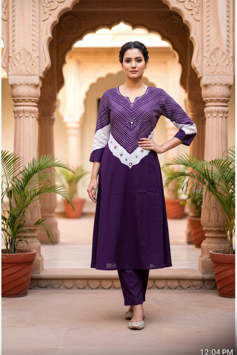 Purple Bandhej Mul Cotton Suit Set | 3-Piece Ethnic Wear I Bhaviaura