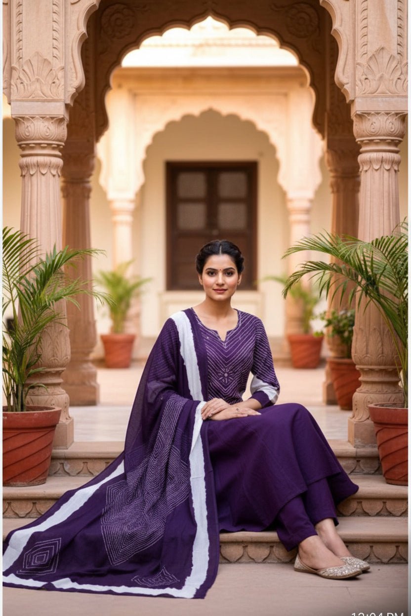 Purple Bandhej Mul Cotton Suit Set | 3-Piece Ethnic Wear I Bhaviaura