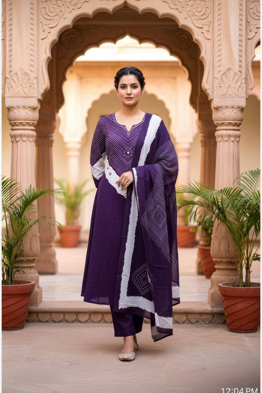 Purple Bandhej Mul Cotton Suit Set | 3-Piece Ethnic Wear I Bhaviaura