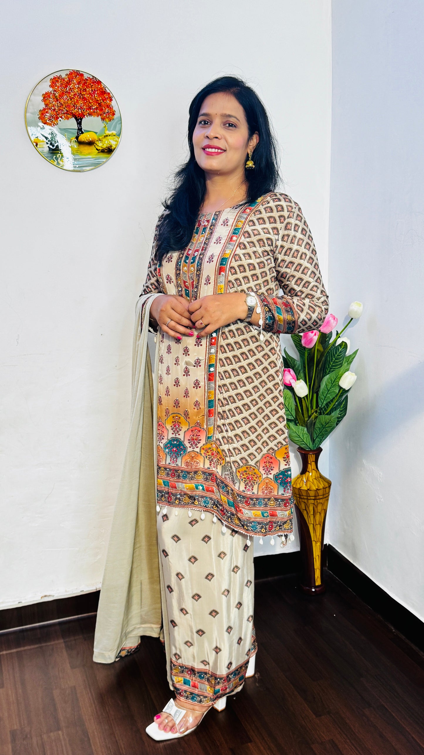 BEIGE PURE CRAPE EMBROIDERED PLAZZO SET WITH DUPATTA