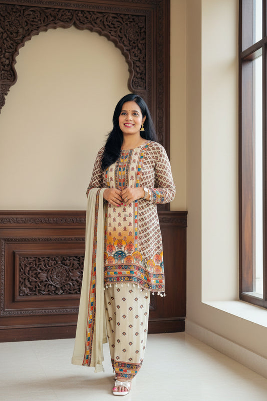 BEIGE PURE CRAPE EMBROIDERED PLAZZO SET WITH DUPATTA