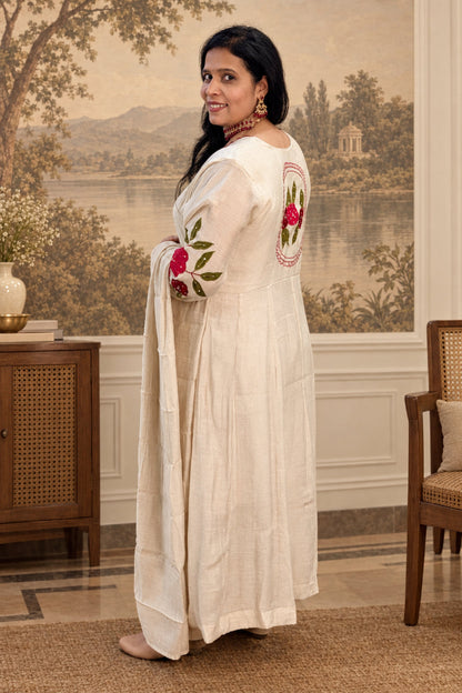 Off-White Mul Chanderi Embroidered Anarkali Set with Pants