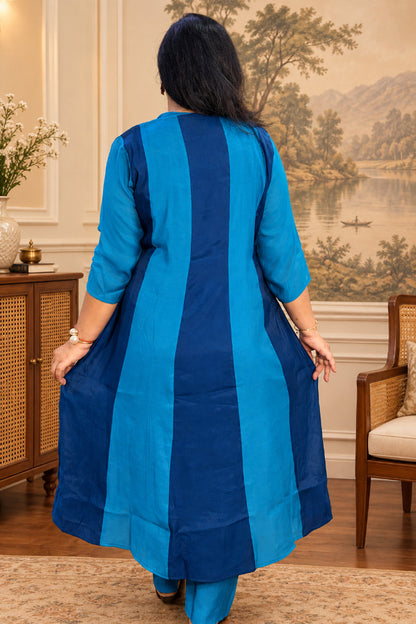 Rama Blue Mul Cotton Anarkali Suit Set with Zari Work