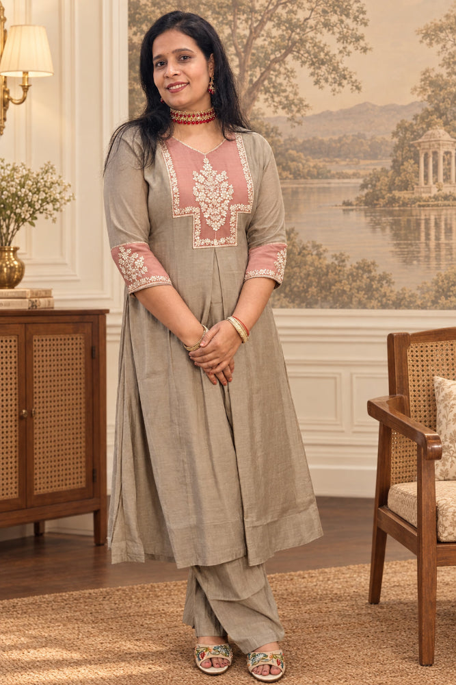 Blush Pink  & Beige Mul Chanderi Anarkali Suit Set