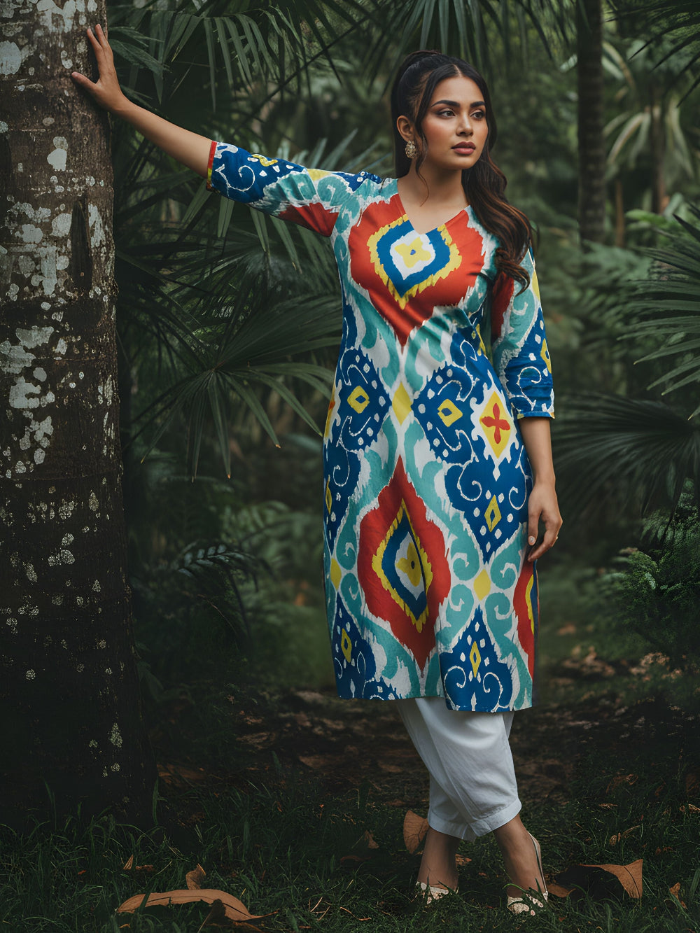Ikkat Multi Colour Kurta  Set for Office Wear