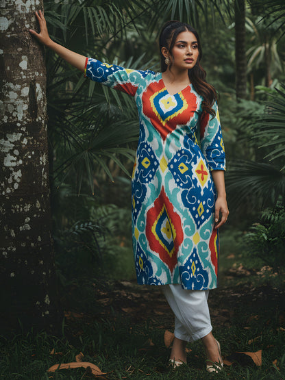 Ikkat Multi Colour Kurta  Set for Office Wear
