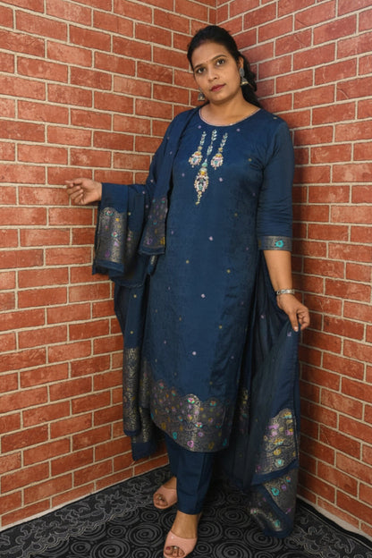 NAVY BLUE ROMAN SILK SUIT SET