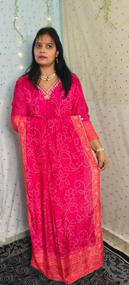 PINK AND ORANGE PURE VISCOSE BANDHANI SUIT SET