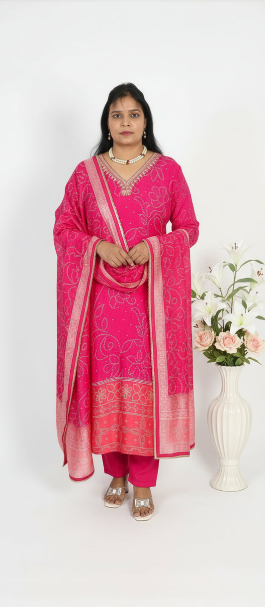 PINK AND ORANGE PURE VISCOSE BANDHANI SUIT SET