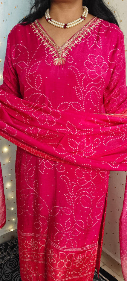 PINK AND ORANGE PURE VISCOSE BANDHANI SUIT SET
