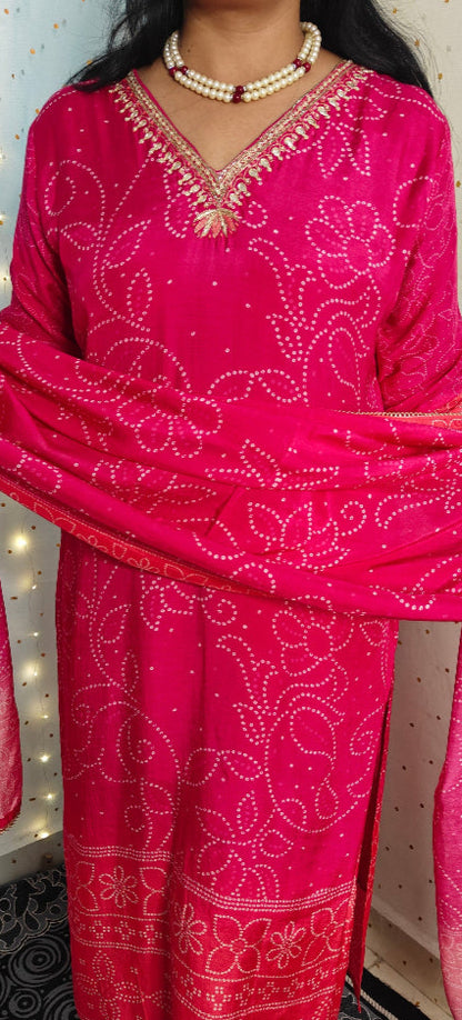 Pink & Orange Pure Viscose Bandhani Suit Set