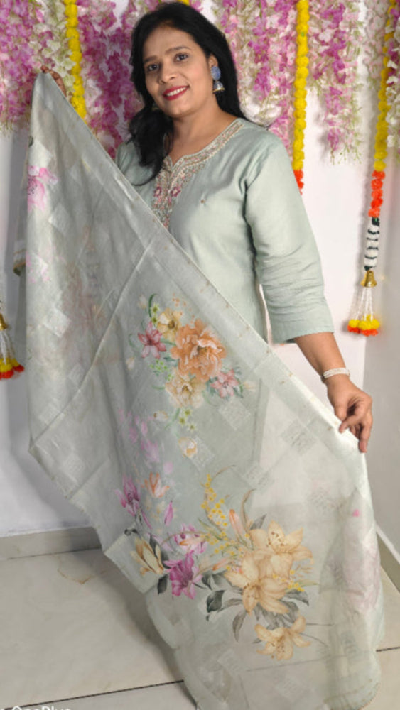 PISTA GREEN EMBRODERED DOLA SILK KURTA SET