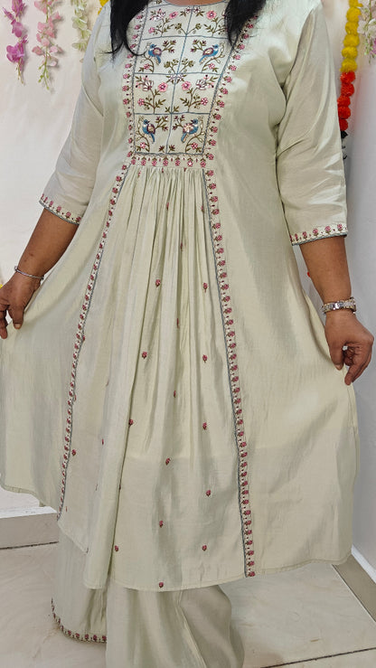 Pista Green A-Line Embroidered Suit Set