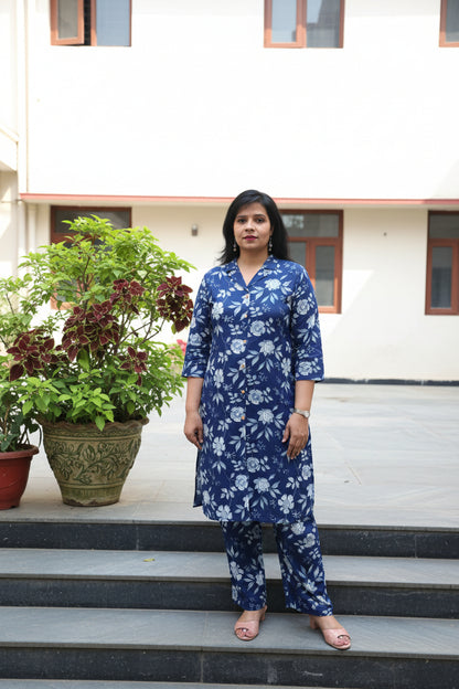 Blue Floral Print A-Line Cotton Kurta Set
