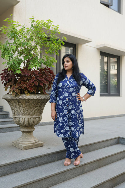 Blue Floral Print A-Line Cotton Kurta Set