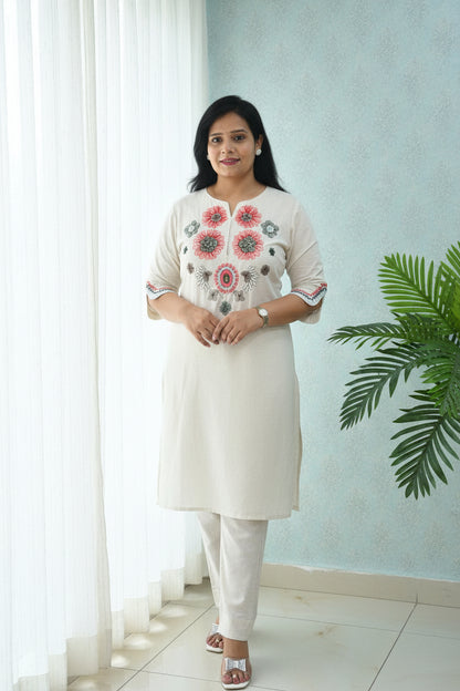 Off-White Embroidered Cotton Flex Kurta & Pant Set