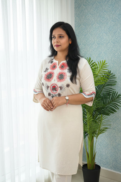 Off-White Embroidered Cotton Flex Kurta & Pant Set