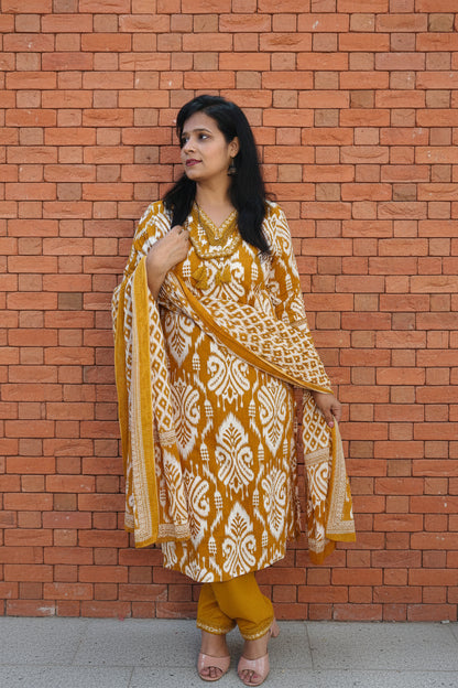 MUSTARD IKKAT PRINT MUL COTTON SUIT SET