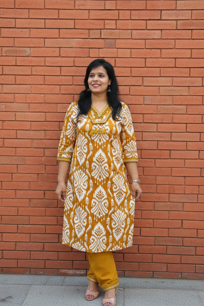 MUSTARD IKKAT PRINT MUL COTTON SUIT SET