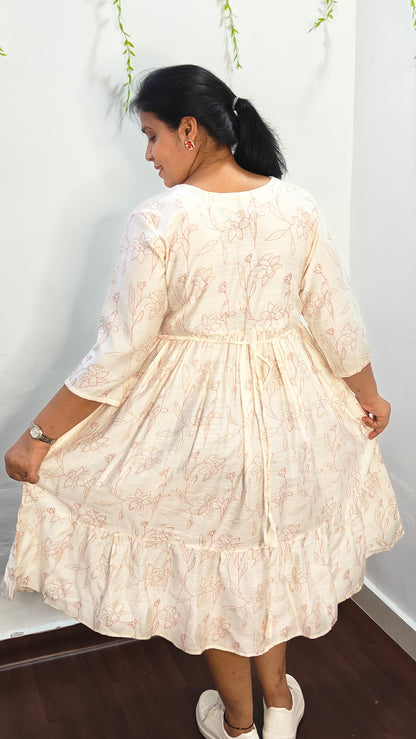 Cream Floral V-Neck Knee Length Kurti
