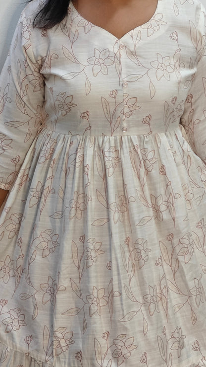 Cream Floral V-Neck Knee Length Kurti