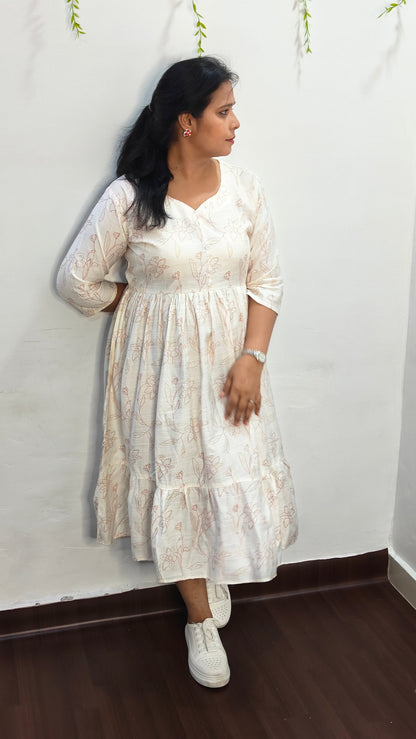 Cream Floral V-Neck Knee Length Kurti