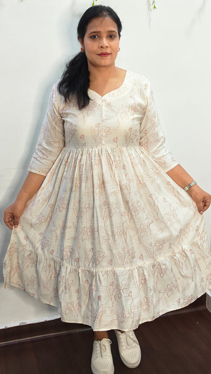 Cream Floral V-Neck Knee Length Kurti