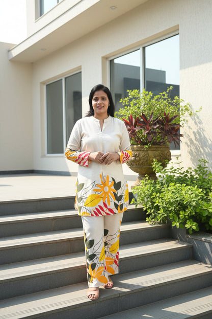 Off-White & Green Floral Printed Khadi Cotton Co-Ord Set